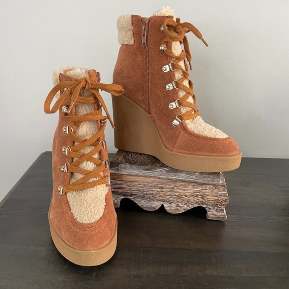 JESSICA Simpson Maelyn Lace-Up Suede Sherpa Platform Wedge Hiker Boots 6.5 - Picture 1 of 13